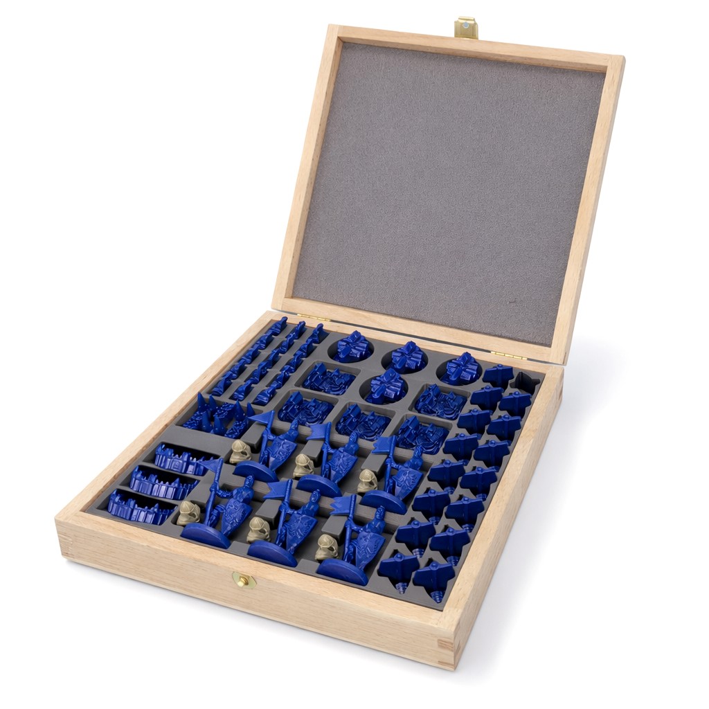 Organizer in Holzkiste für Siedler Kunststoff-Spielfiguren mit passgenauem Inlay