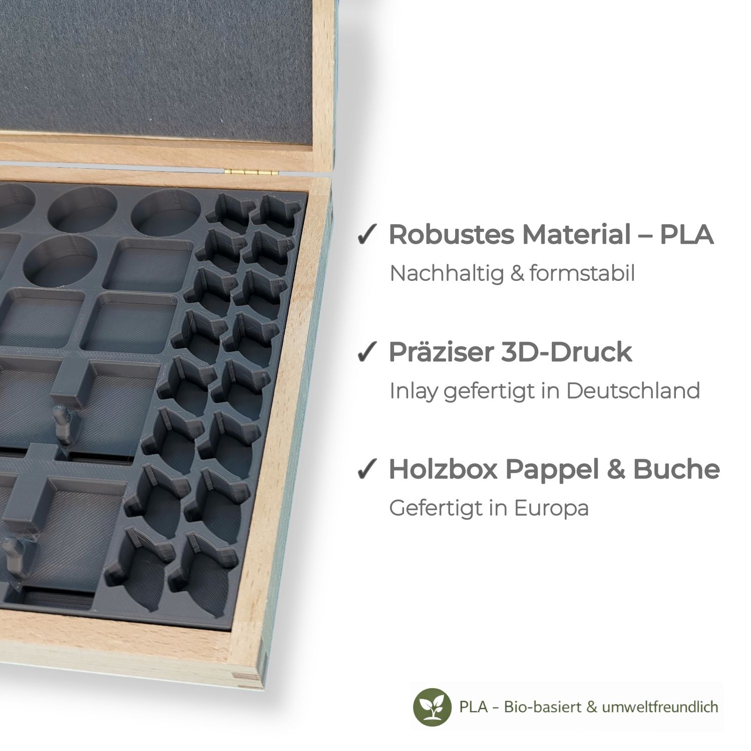 Organizer für Siedler Kunststoff-Spielfiguren aus Holzkiste und 3D-gedrucktem PLA – entwickelt und gefertigt in Deutschland mit Holz aus Europa