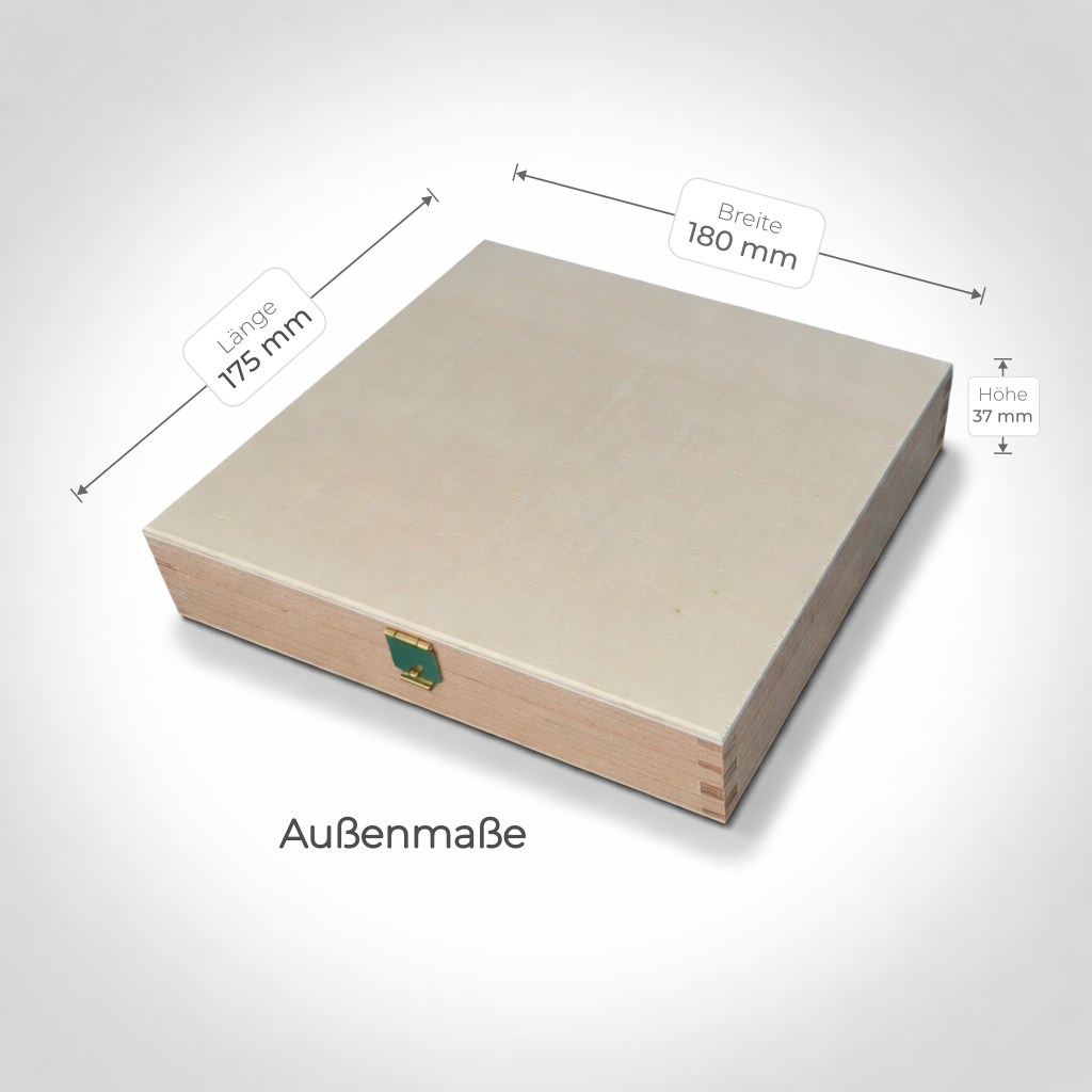 Maße der Holzkiste und des Inlays für den Organizer für Siedler Kunststoff-Spielfiguren – kompakte Außenabmessungen im Überblick
