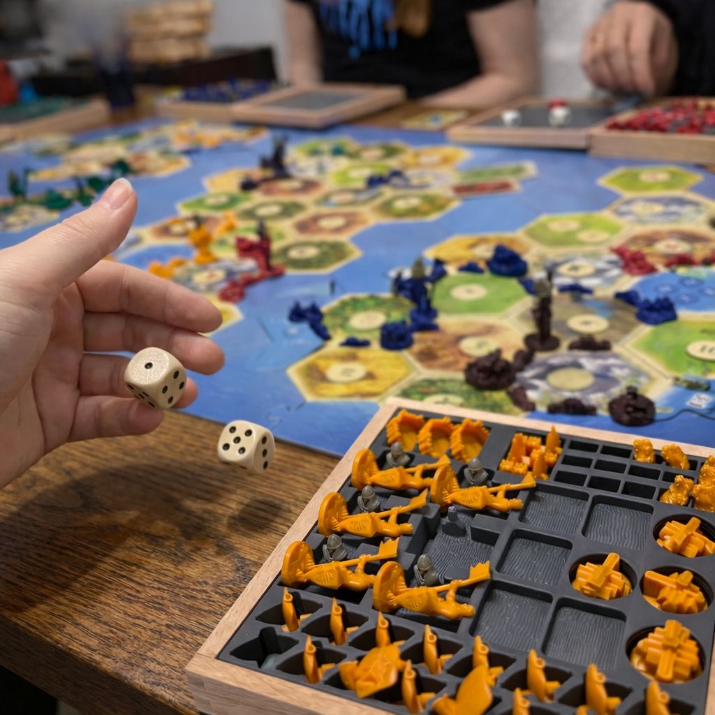 Organizer in Holzkiste für Siedler Kunststoff-Spielfiguren im Einsatz auf dem Spieltisch – alle Spielfiguren griffbereit und übersichtlich während des Spiels